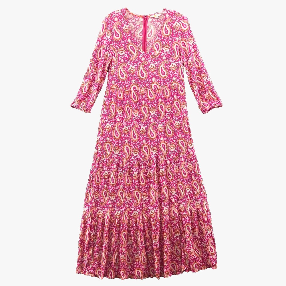 Boden Dress Womens 8P Maxi V-Neck Pink Paisley Tiered‎ 3/4 Sleeve Boho Prairie